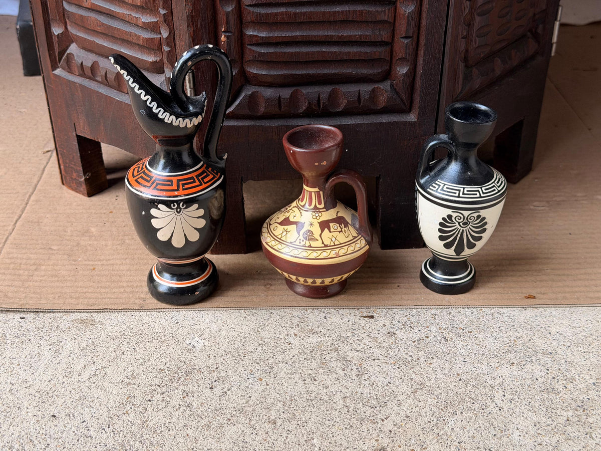Greek Pottery Vase Set 3 D Vassilopoulos Hand Painted Vintage Classical Urns