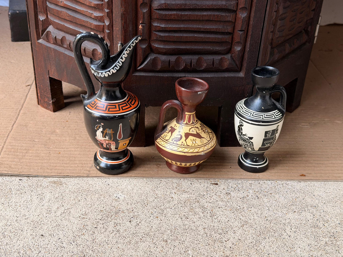 Greek Pottery Vase Set 3 D Vassilopoulos Hand Painted Vintage Classical Urns