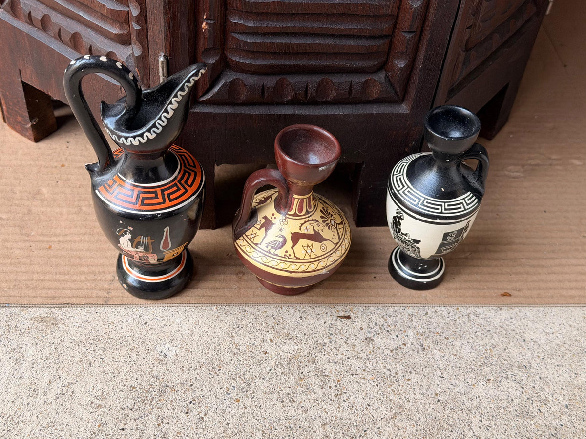 Greek Pottery Vase Set 3 D Vassilopoulos Hand Painted Vintage Classical Urns