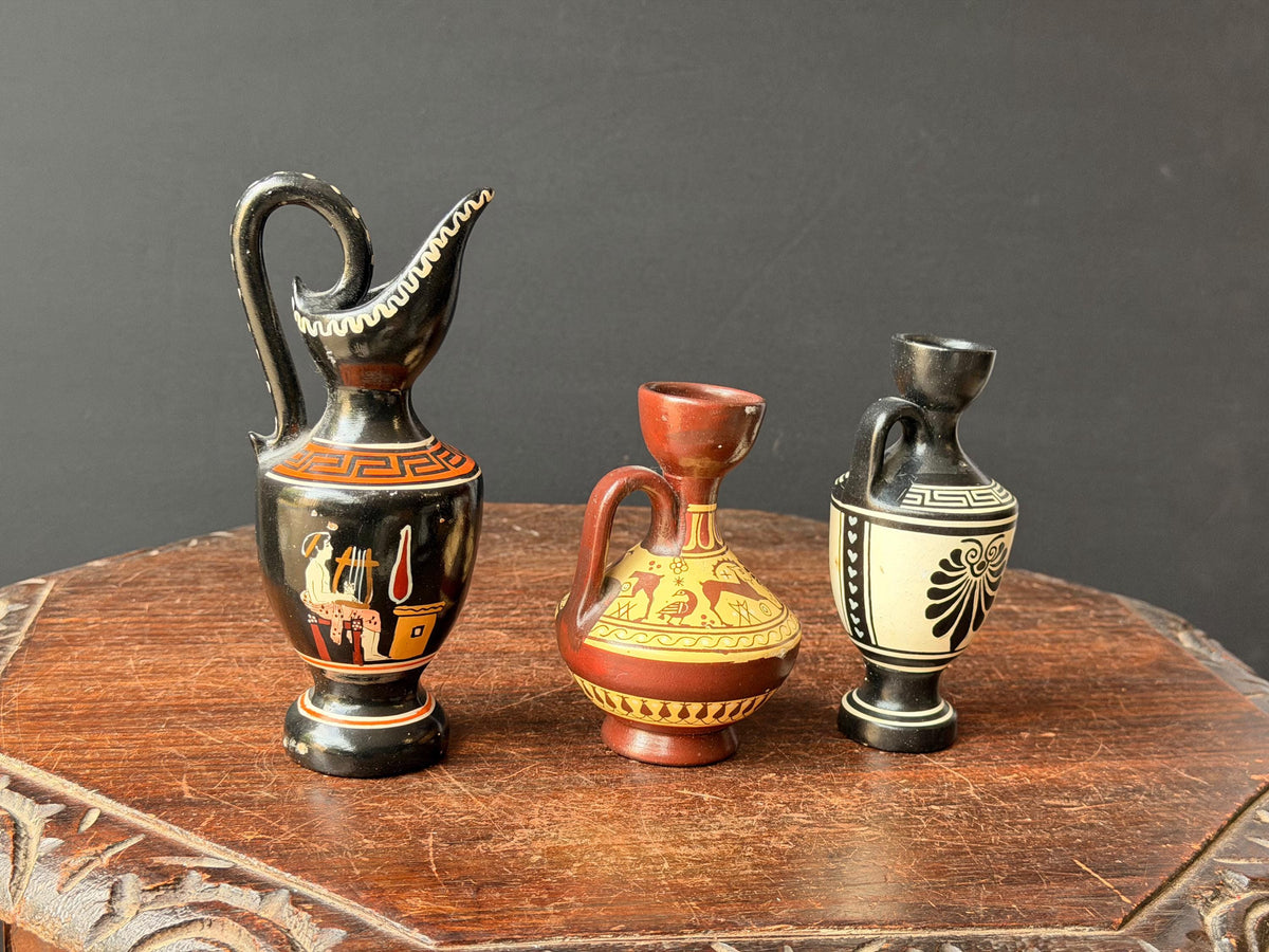 Greek Pottery Vase Set 3 D Vassilopoulos Hand Painted Vintage Classical Urns