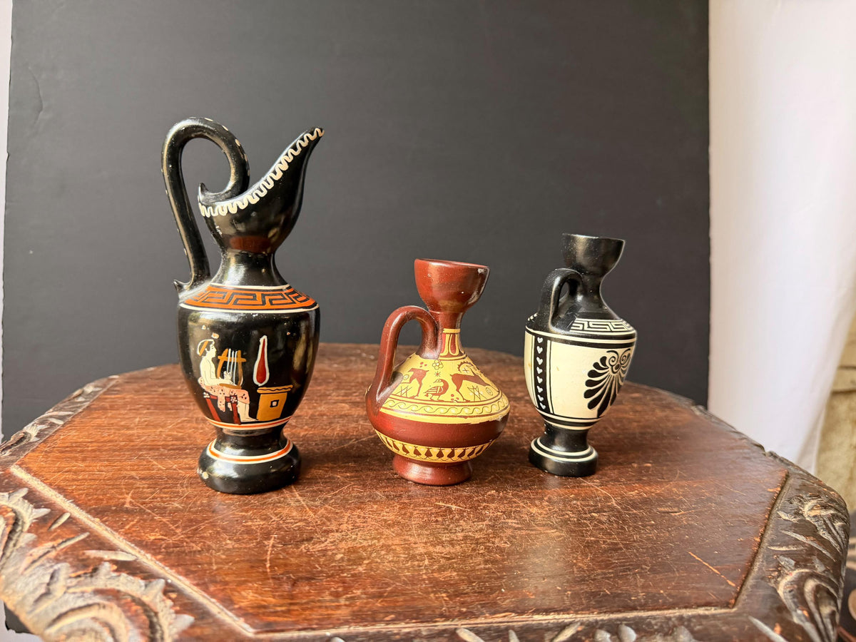Greek Pottery Vase Set 3 D Vassilopoulos Hand Painted Vintage Classical Urns