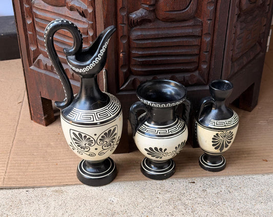Greek Pottery Set 3 D Vassilopoulos Hand Painted Vintage Black Figure Urns