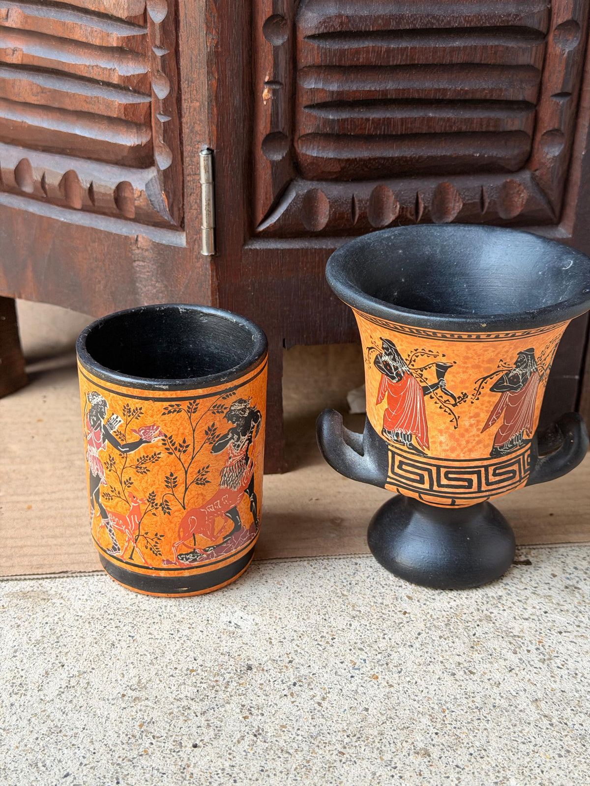 Vintage Greek Revival Terracotta Vessel Set Black Figure Pottery Krater Urn