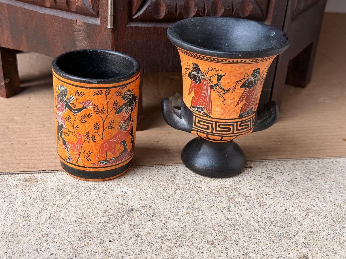 Vintage Greek Revival Terracotta Vessel Set Black Figure Pottery Krater Urn
