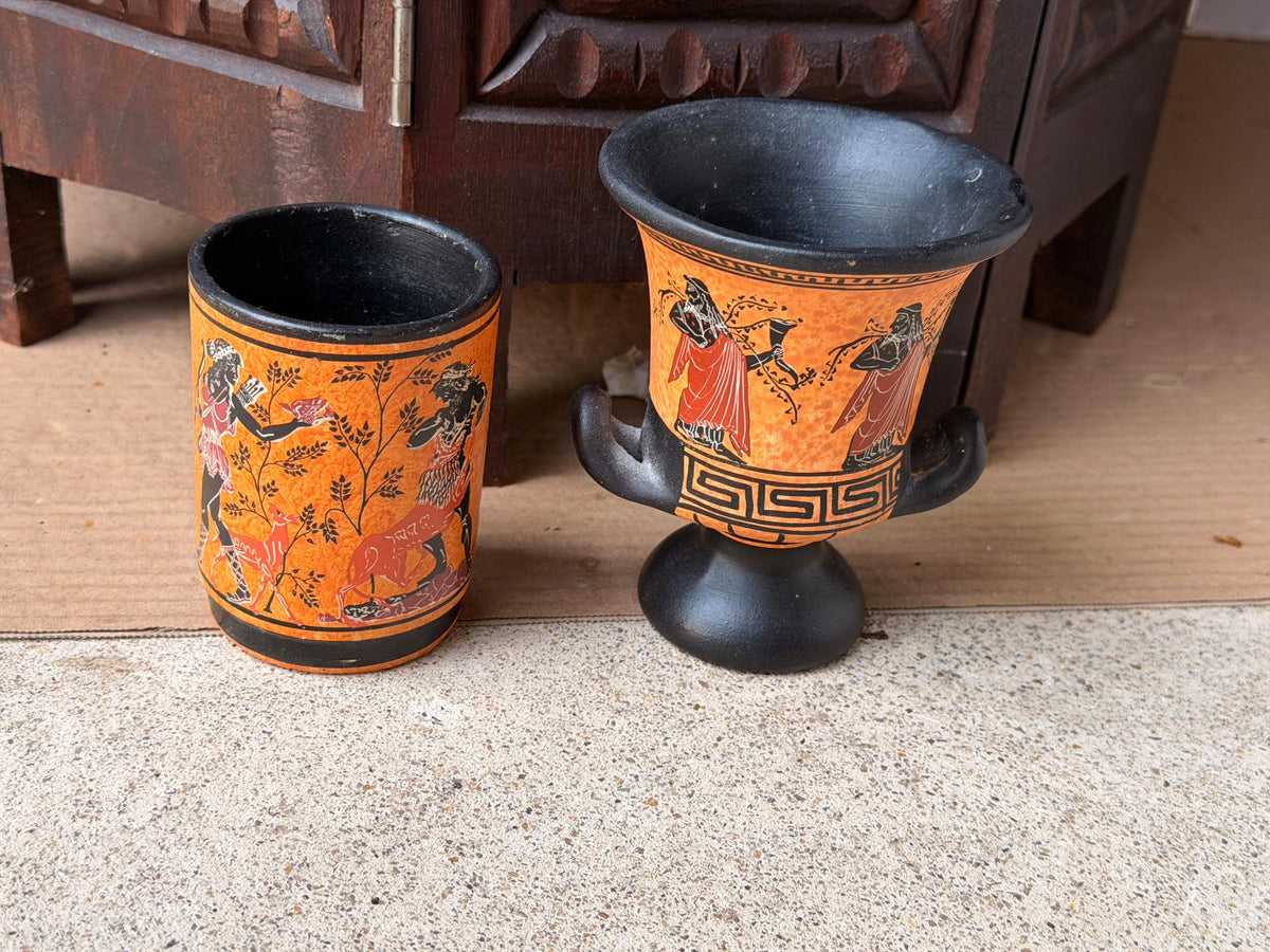 Vintage Greek Revival Terracotta Vessel Set Black Figure Pottery Krater Urn