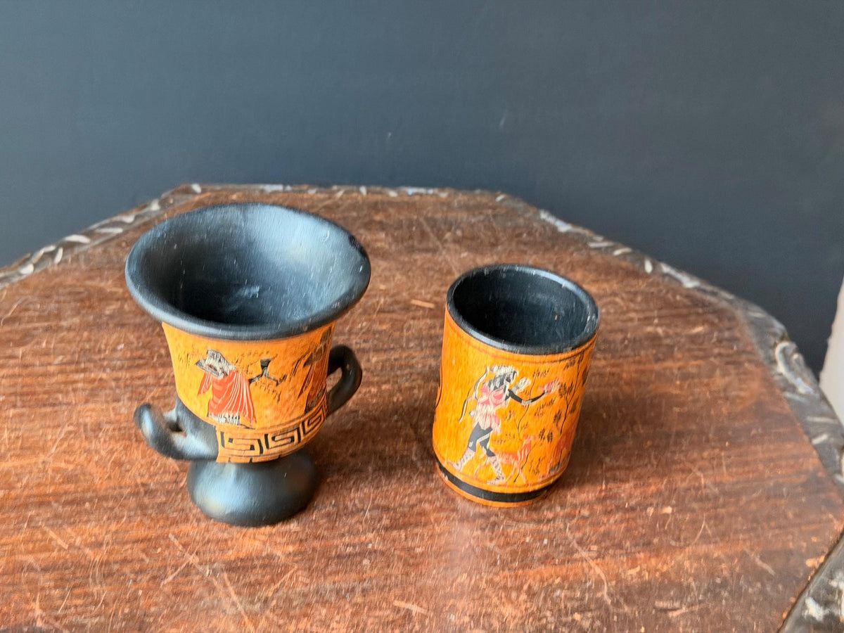 Vintage Greek Revival Terracotta Vessel Set Black Figure Pottery Krater Urn