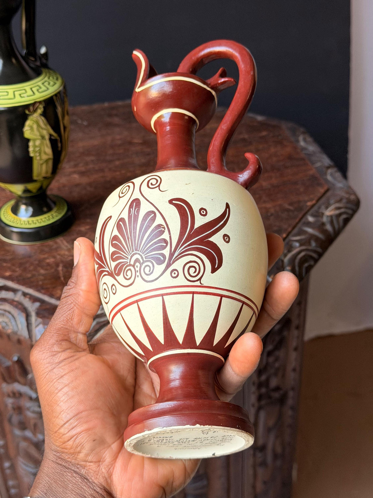 Vintage Greek Hand Painted Pottery Oinochoe Pitcher Set Spyropoulos 11"