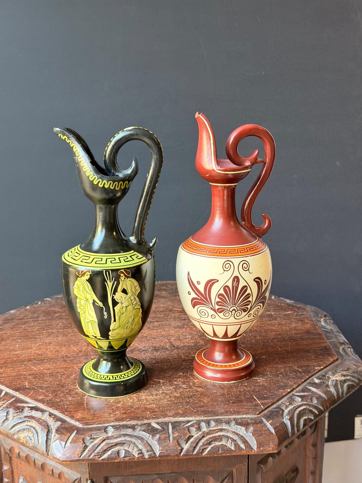 Vintage Greek Hand Painted Pottery Oinochoe Pitcher Set Spyropoulos 11"