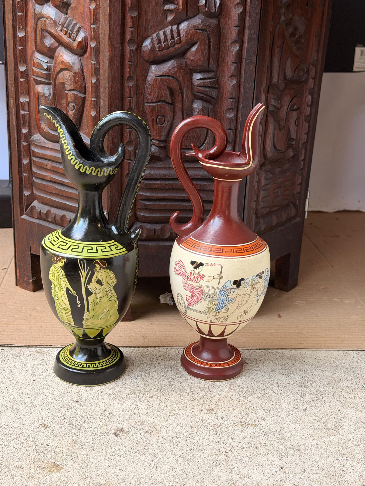 Vintage Greek Hand Painted Pottery Oinochoe Pitcher Set Spyropoulos 11"