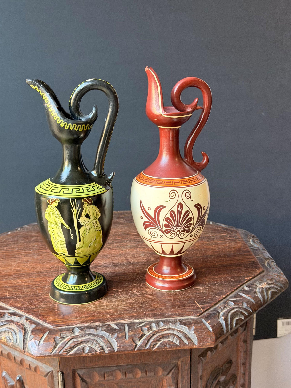 Vintage Greek Hand Painted Pottery Oinochoe Pitcher Set Spyropoulos 11"