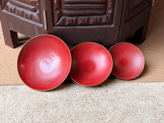 Vintage Red Lacquer Footed Offering Dish Set 3 Asian Sakazuki Saucer Bowls