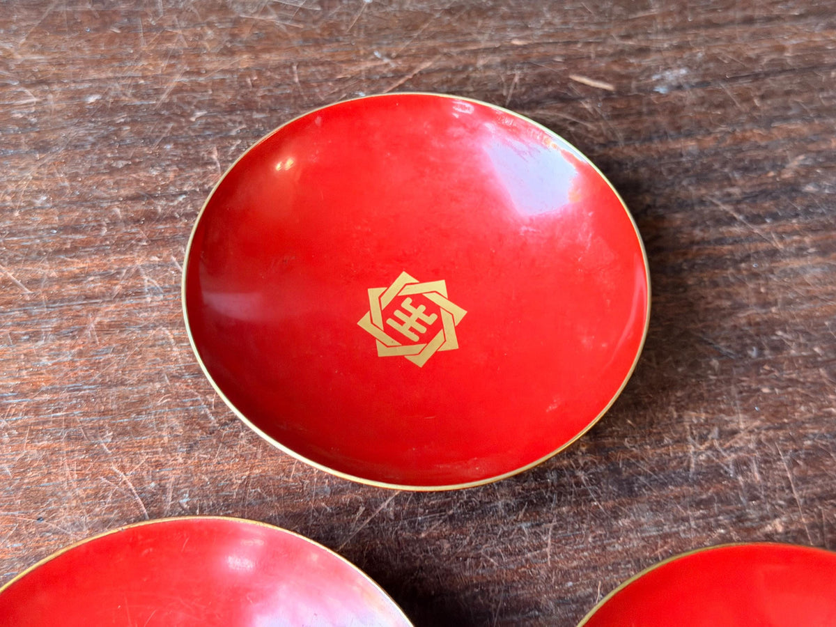 Vintage Japanese Red Lacquer Sakazuki Sake Bowls Minogame Set of 3 Wood 4.3"