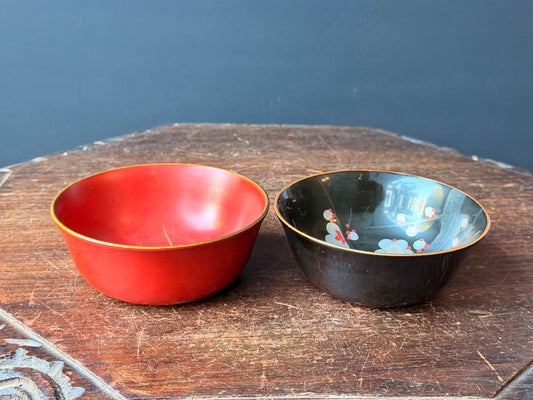 Japanese Lacquer Bowls Pair Red Black Iris Plum Blossom Occupied Japan