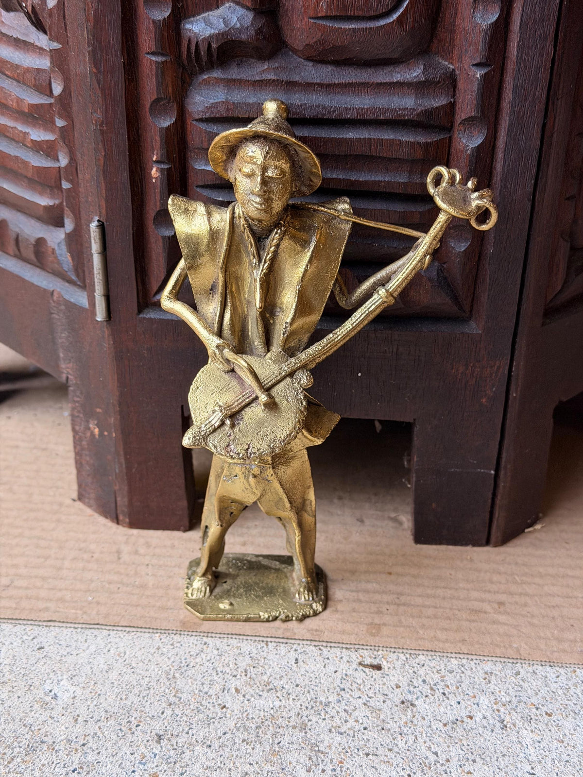 Vintage West African Brass Musician Statue Lost Wax Cast Griot Lute Figure 7.5"