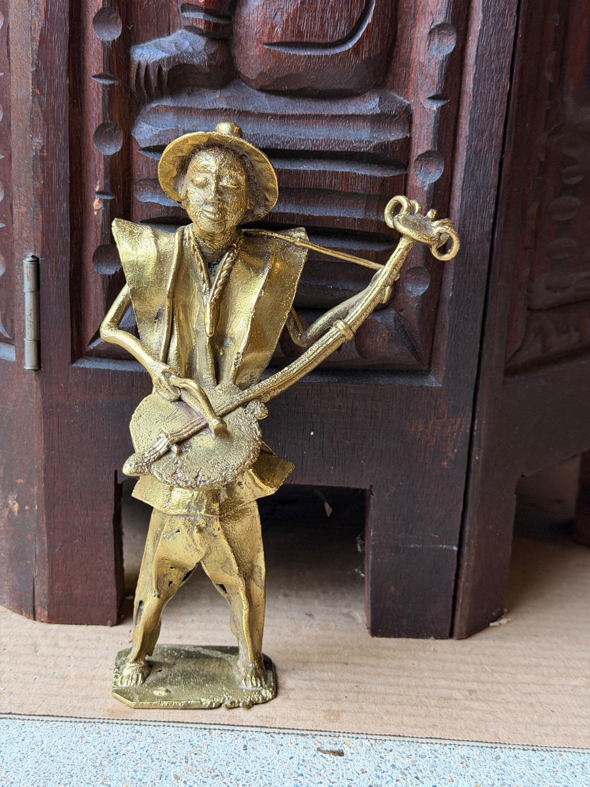 Vintage West African Brass Musician Statue Lost Wax Cast Griot Lute Figure 7.5"
