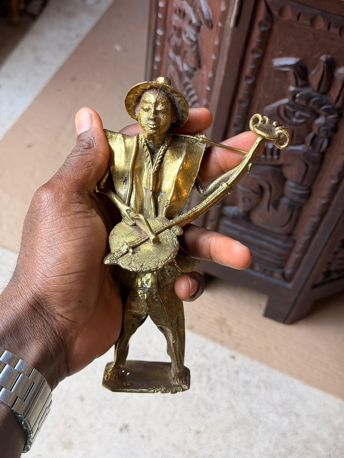 Vintage West African Brass Musician Statue Lost Wax Cast Griot Lute Figure 7.5"
