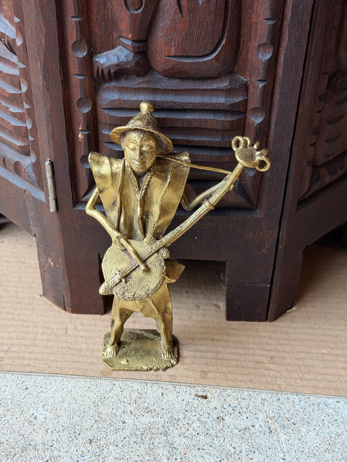 Vintage West African Brass Musician Statue Lost Wax Cast Griot Lute Figure 7.5"