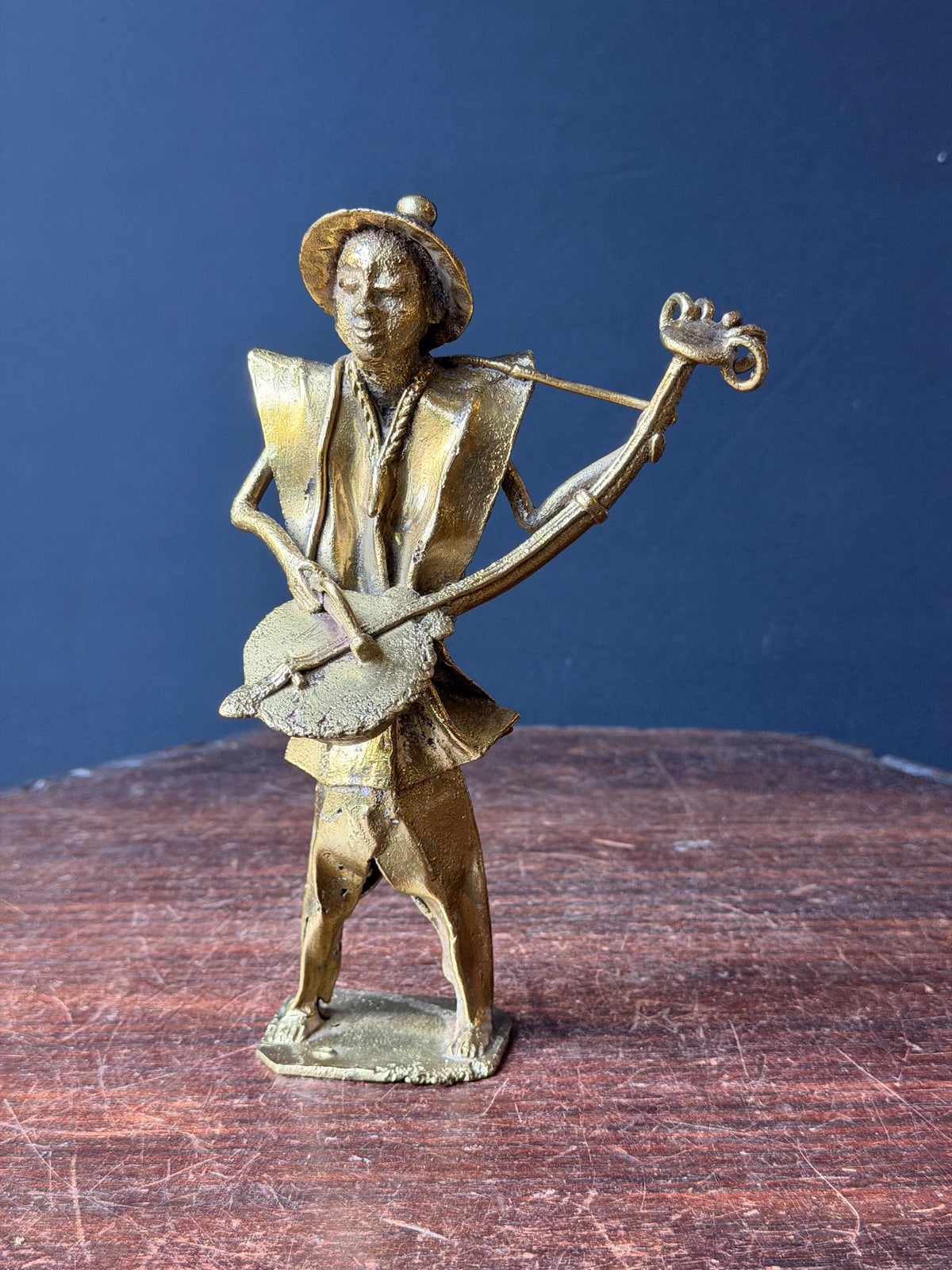 Vintage West African Brass Musician Statue Lost Wax Cast Griot Lute Figure 7.5"