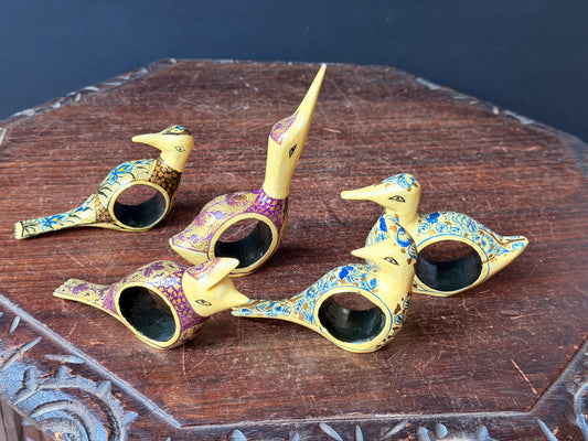 Vintage Kashmiri Papier Mache Bird Napkin Rings Set 5 Hand Painted Lacquer Ducks