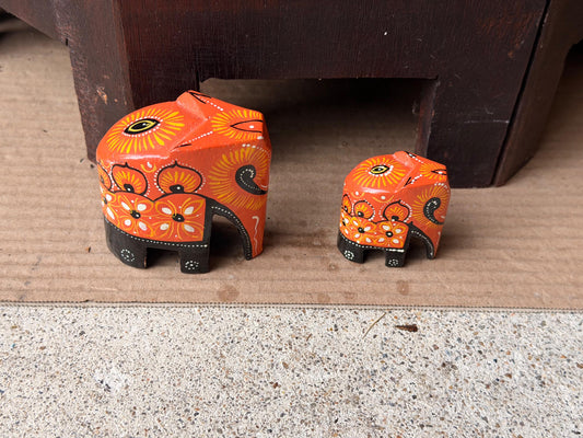 Vintage Hand Painted Wood Elephant Pair Orange Floral South Asian Folk Art Decor