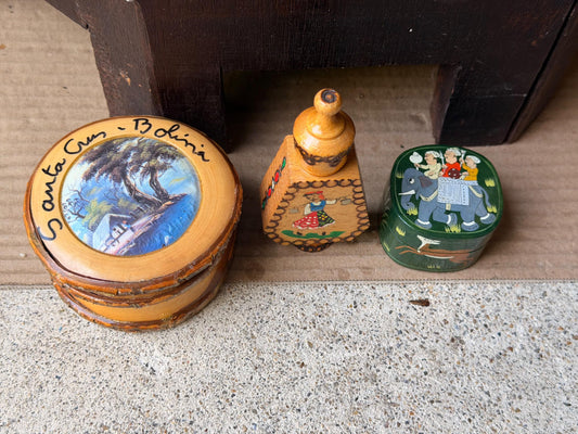 Vintage Folk Art Wood Trinket Box Lot Bolivia Bulgaria Hand Painted Vessels
