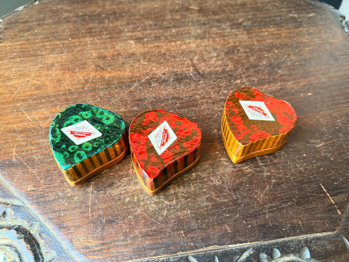 Vintage Folk Art Bamboo Wheat Straw Marquetry Heart Trinket Boxes Insect Lot 3