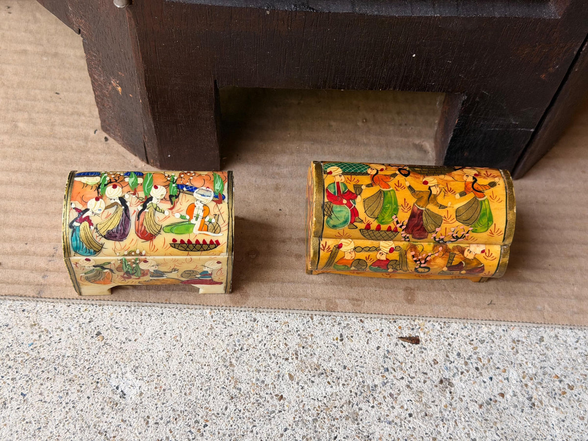 Vintage Hand Painted Miniature Casket Box Lot Near Eastern Court Scene Set 2