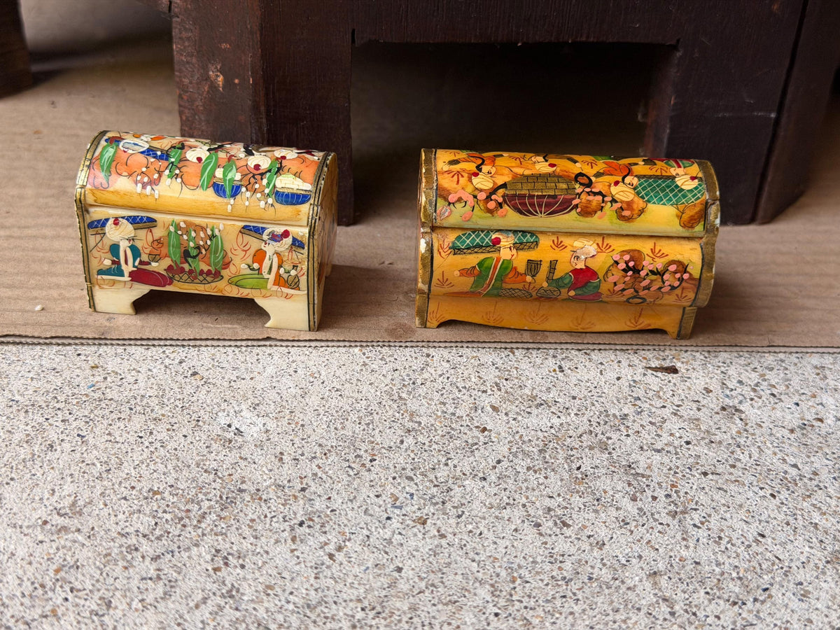 Vintage Hand Painted Miniature Casket Box Lot Near Eastern Court Scene Set 2