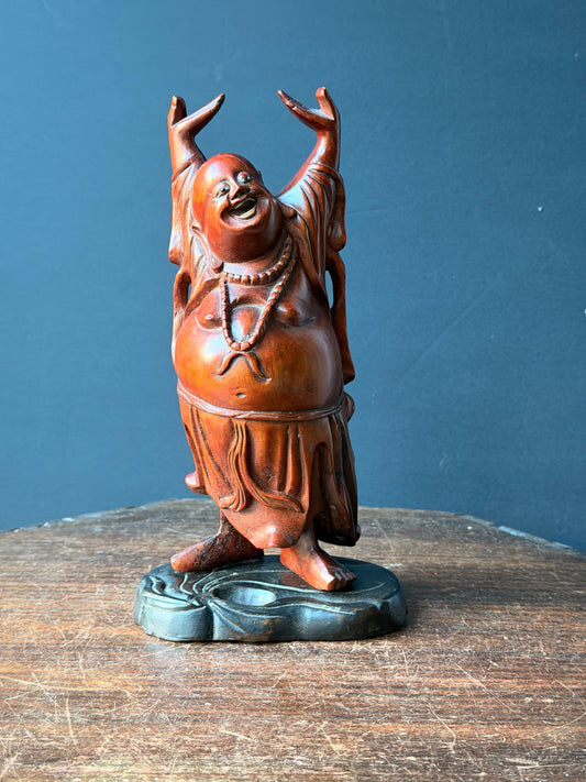 Vintage East Asian Carved Wood Laughing Buddha Statue Hotei Figure 10"