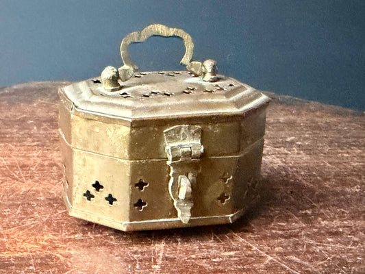 Vintage Octagonal Pierced Brass Box Incense Burner Censer Trinket Casket 3.2"