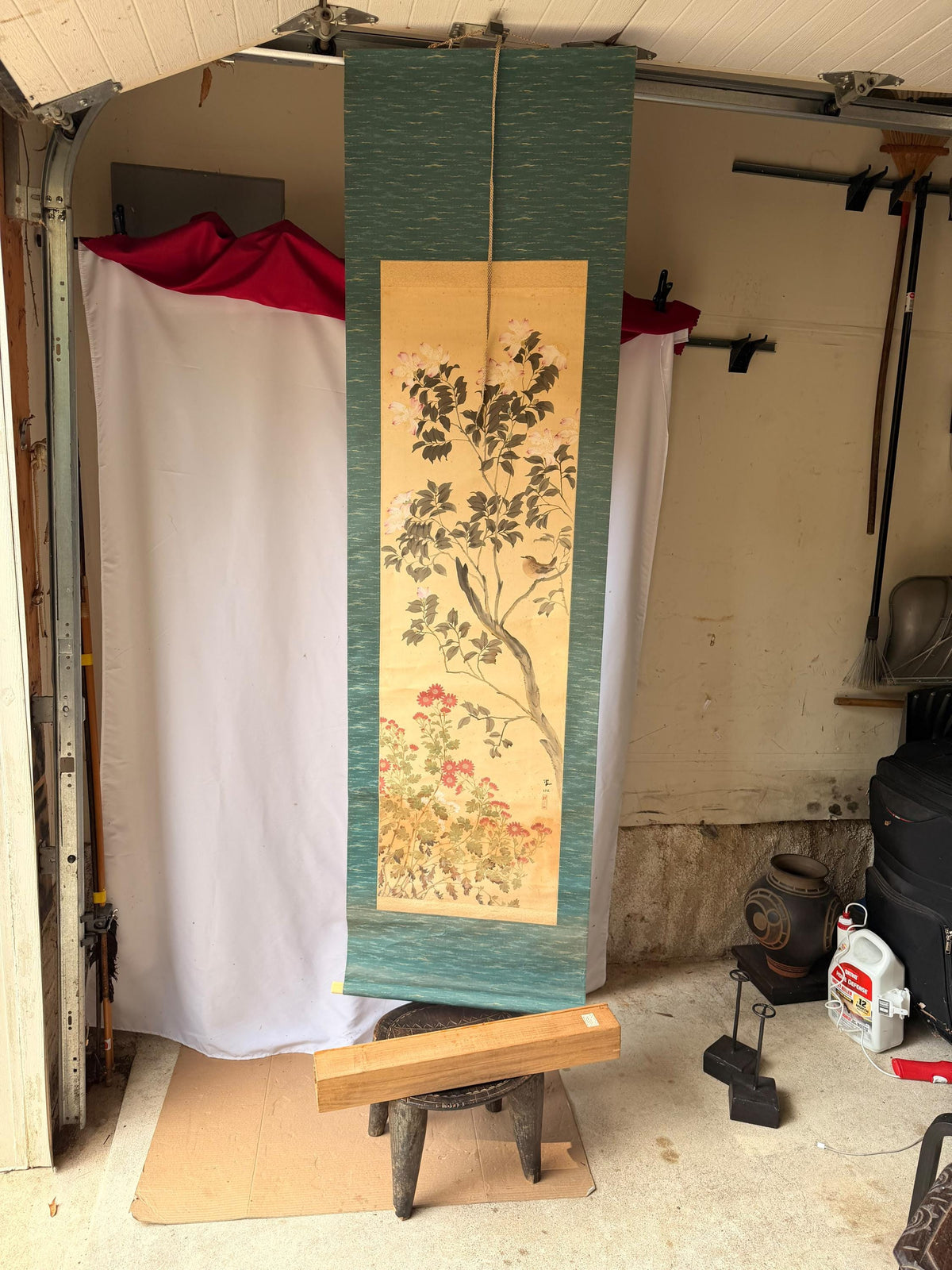 Vintage Japanese Silk Hanging Scroll Painting Bird Flower Kacho-ga Kakejiku