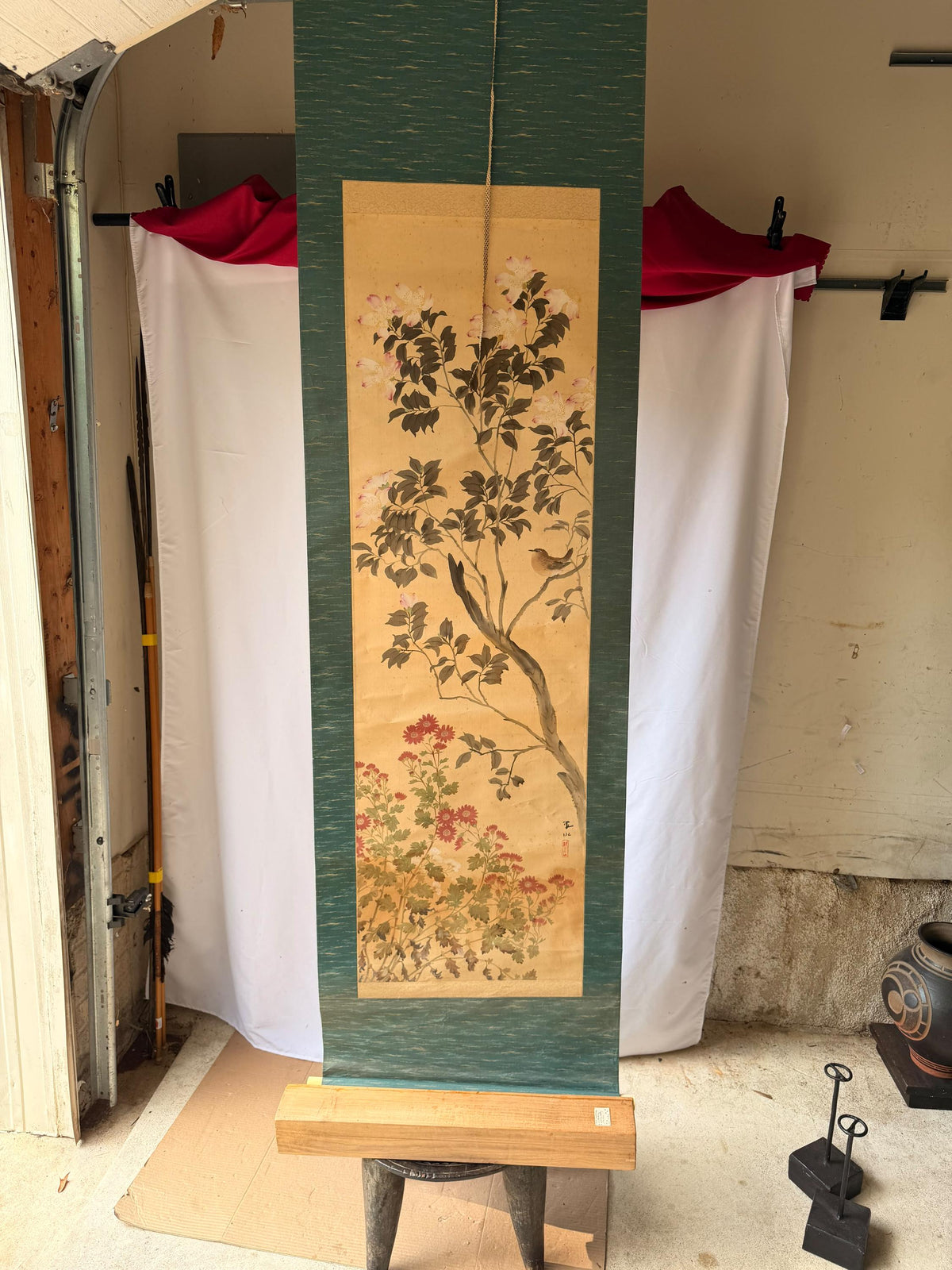 Vintage Japanese Silk Hanging Scroll Painting Bird Flower Kacho-ga Kakejiku
