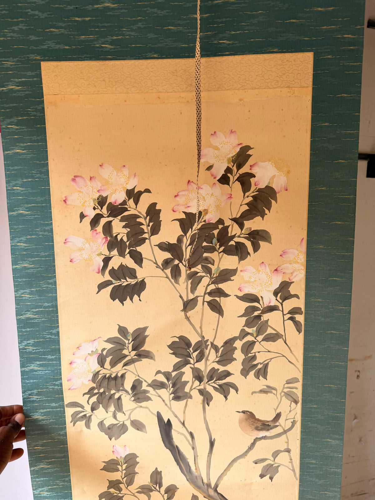 Vintage Japanese Silk Hanging Scroll Painting Bird Flower Kacho-ga Kakejiku