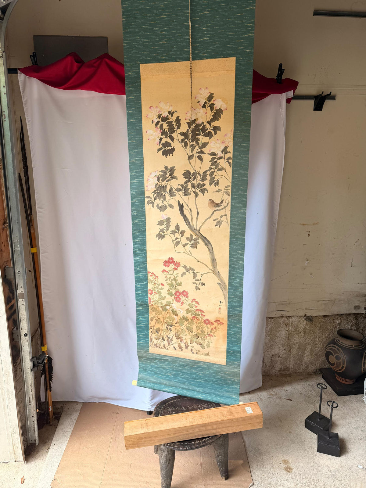 Vintage Japanese Silk Hanging Scroll Painting Bird Flower Kacho-ga Kakejiku