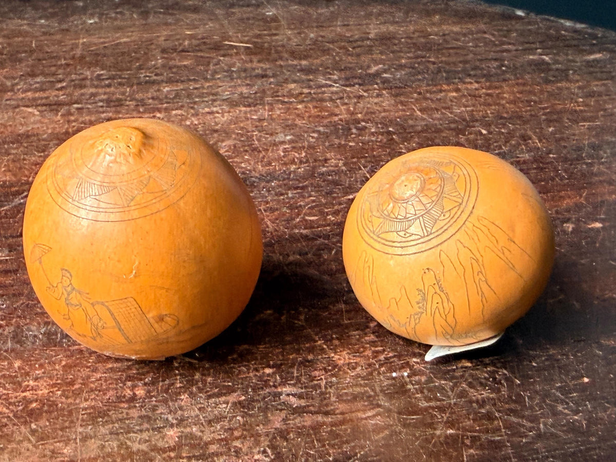 Vintage Engraved Mini Gourd Sculptures Chinese Folk Art Monkey King Pair