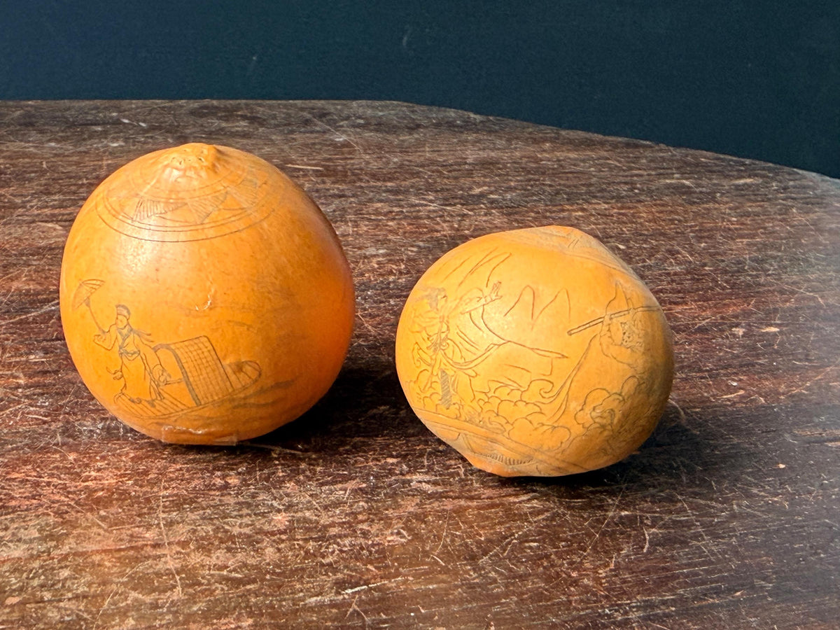 Vintage Engraved Mini Gourd Sculptures Chinese Folk Art Monkey King Pair