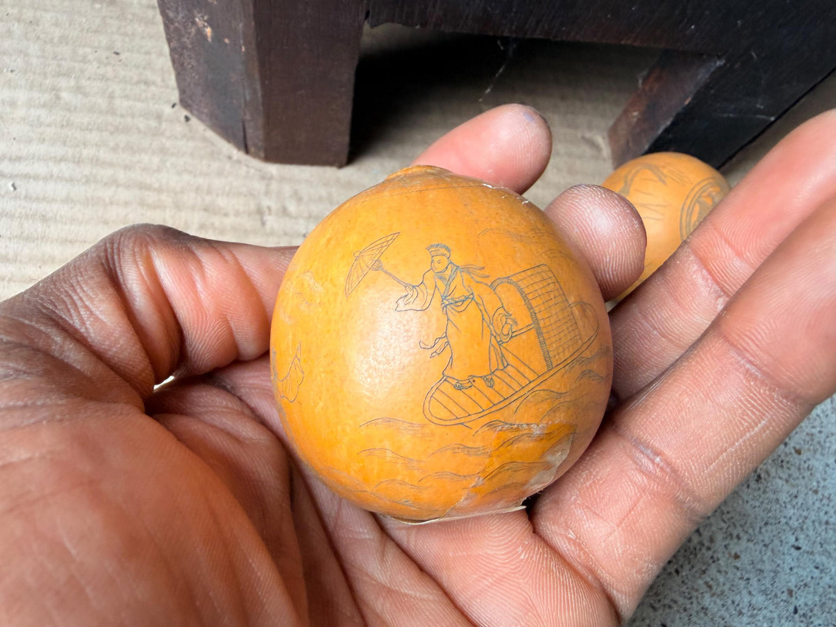 Vintage Engraved Mini Gourd Sculptures Chinese Folk Art Monkey King Pair