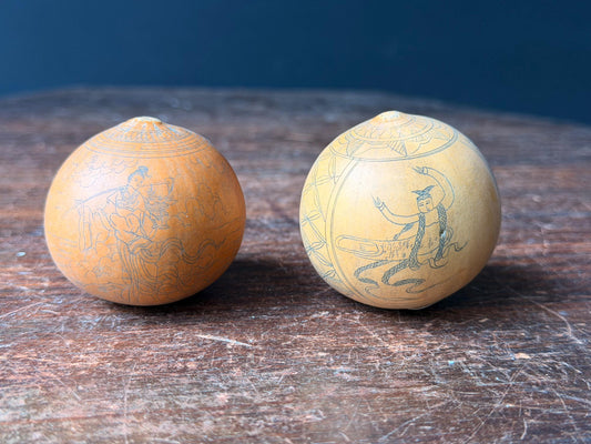 Vintage Engraved Mini Gourd Sculptures Chinese Folk Art Celestial Dancers
