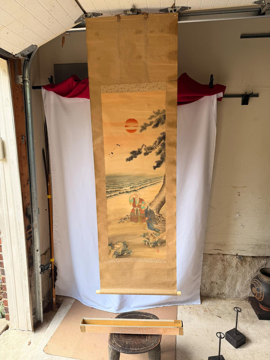 Vintage Japanese Silk Hanging Scroll Painting Takasago Jo Uba Pine Crane