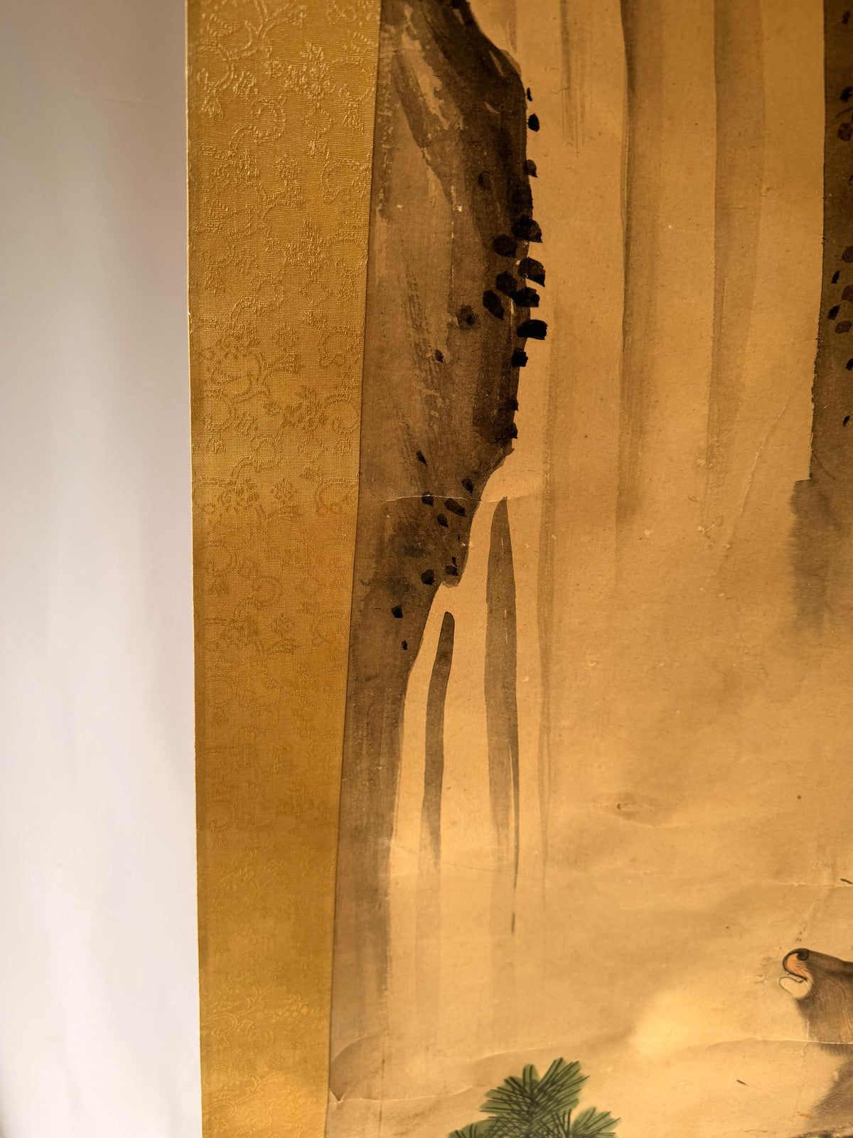 Vintage Japanese Silk Scroll Painting Kamada Gansen Deer Waterfall Pine