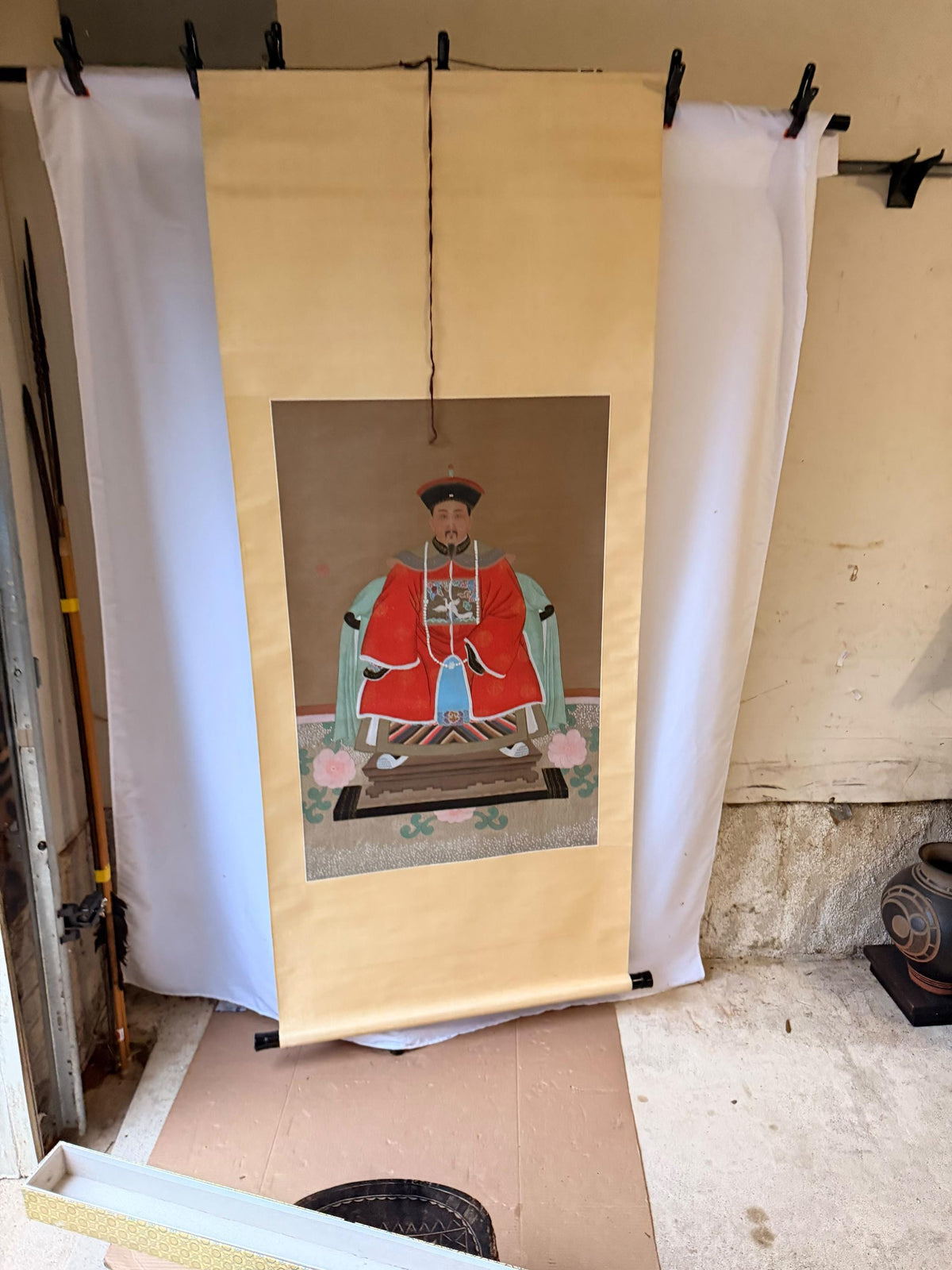 Chinese Qing Xianfeng Emperor Silk Hanging Scroll Painting Ancestor Portrait 75"