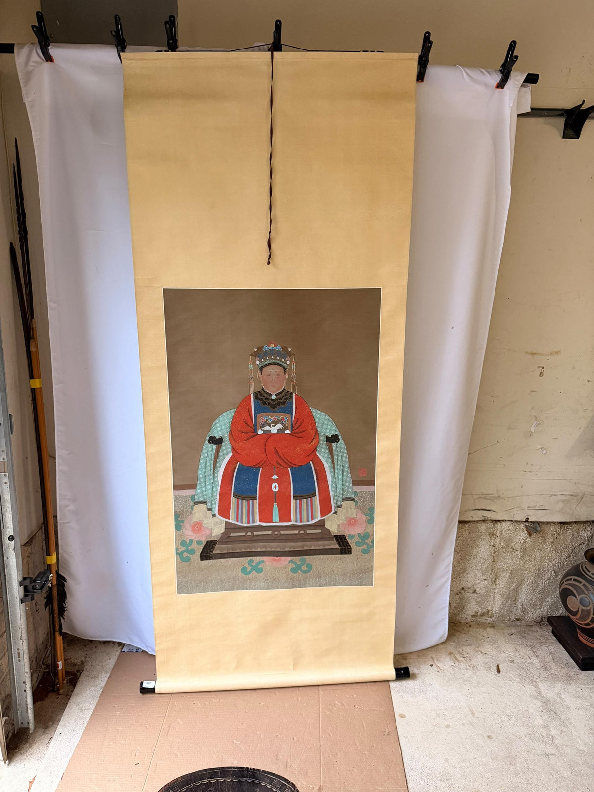 Chinese Qing Style Empress Silk Hanging Scroll Painting Ancestor Portrait 75"