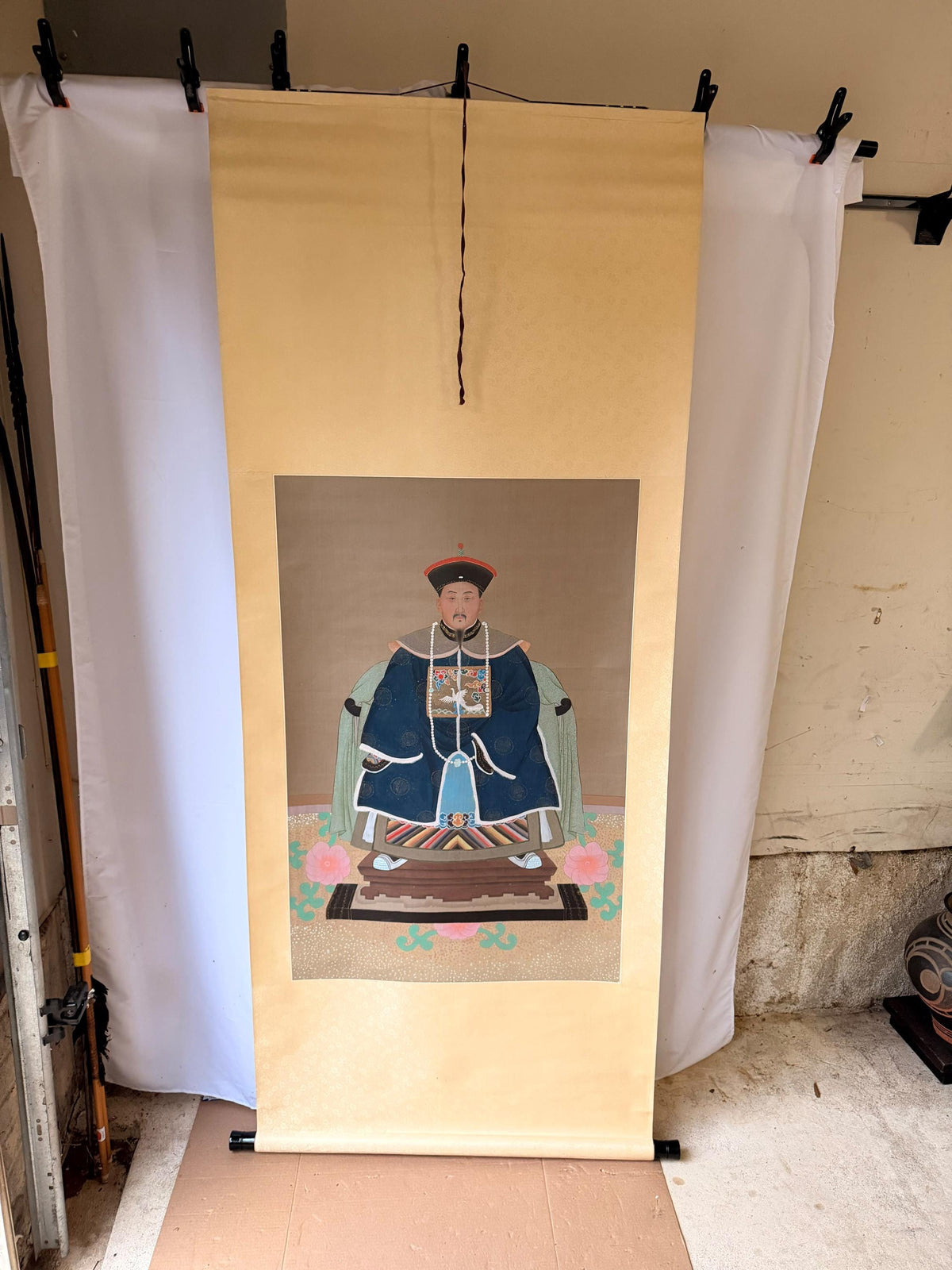 Chinese Qing Style Jiaqing Emperor Silk Hanging Scroll Ancestor Portrait 75"