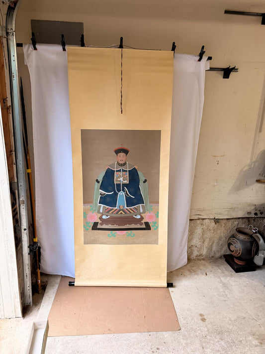 Chinese Qing Style Jiaqing Emperor Silk Hanging Scroll Ancestor Portrait 75"