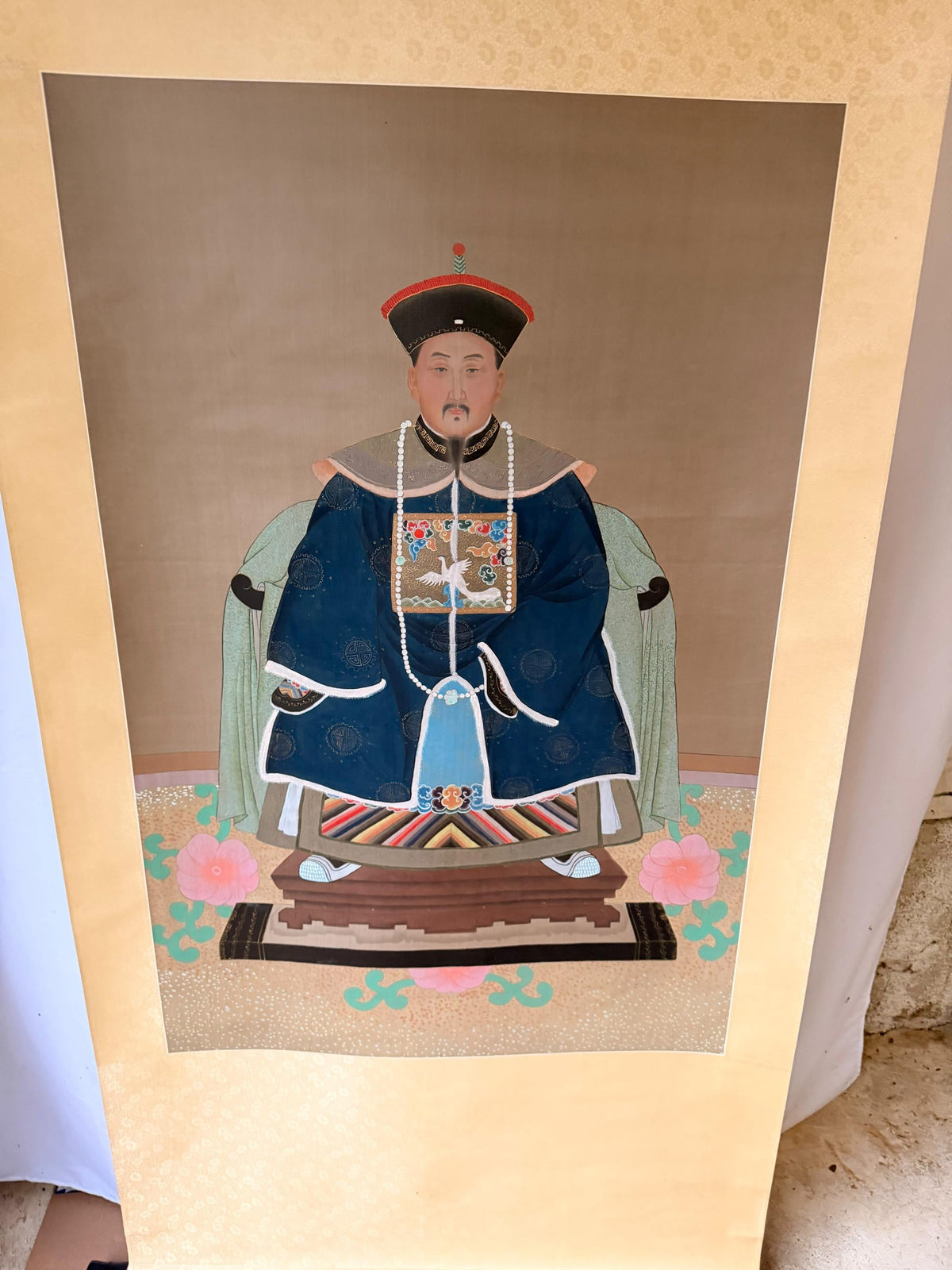 Chinese Qing Style Jiaqing Emperor Silk Hanging Scroll Ancestor Portrait 75"
