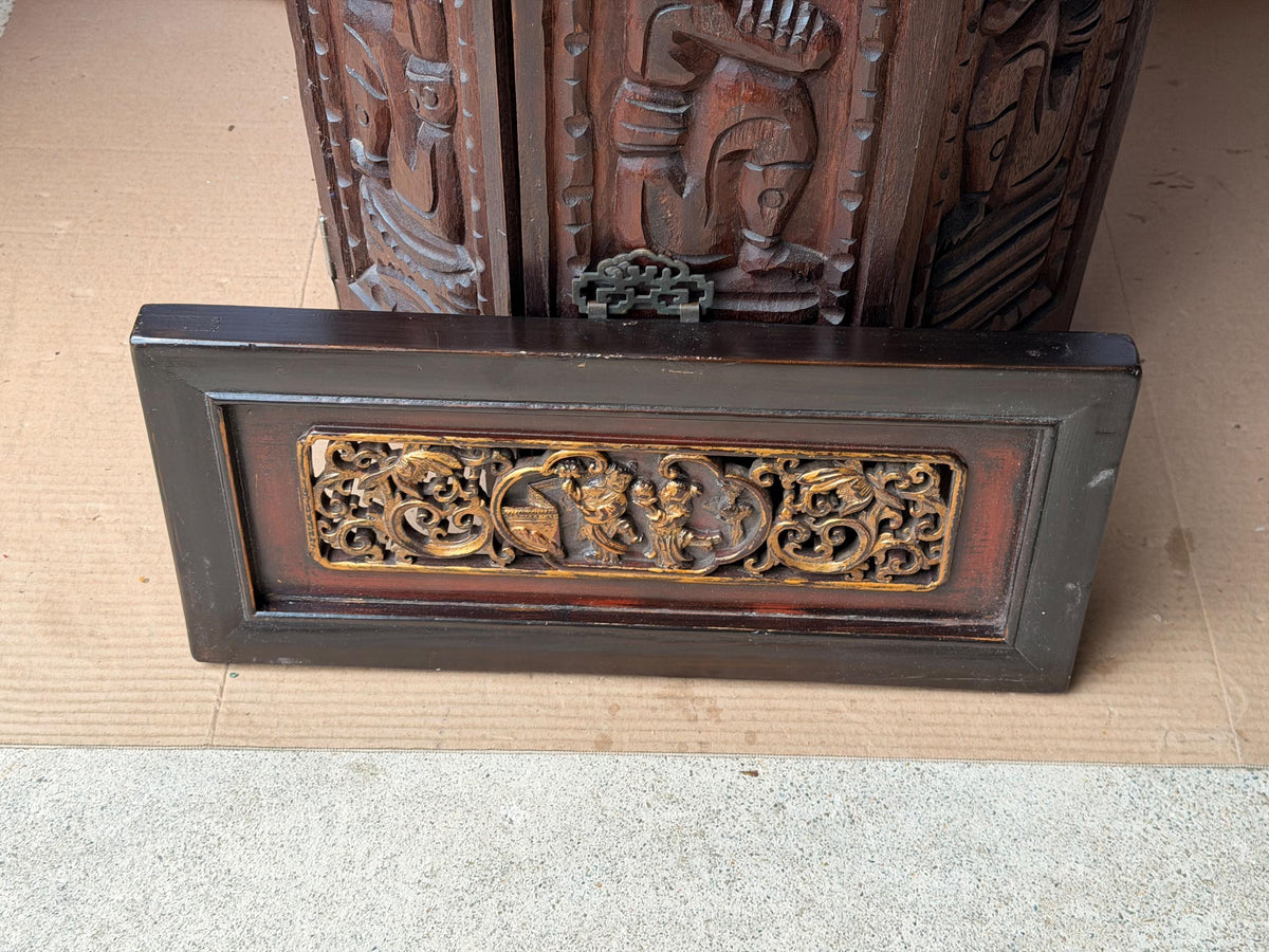 Chinese Antique Gilt Wood Architectural Panel Carved Relief Wall Decor Plaque