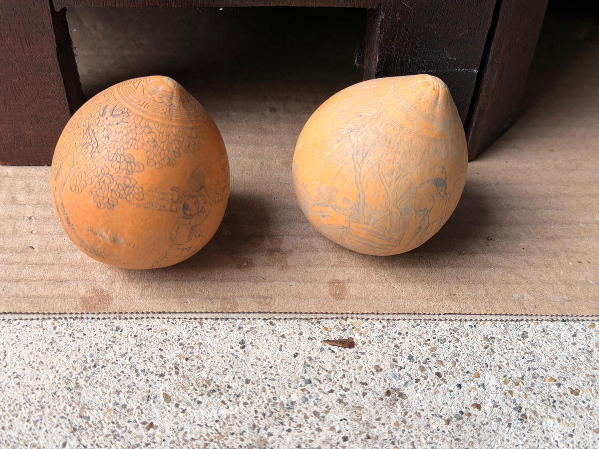 Vintage Engraved Mini Gourd Sculptures Chinese Folk Art Celestial Dancers