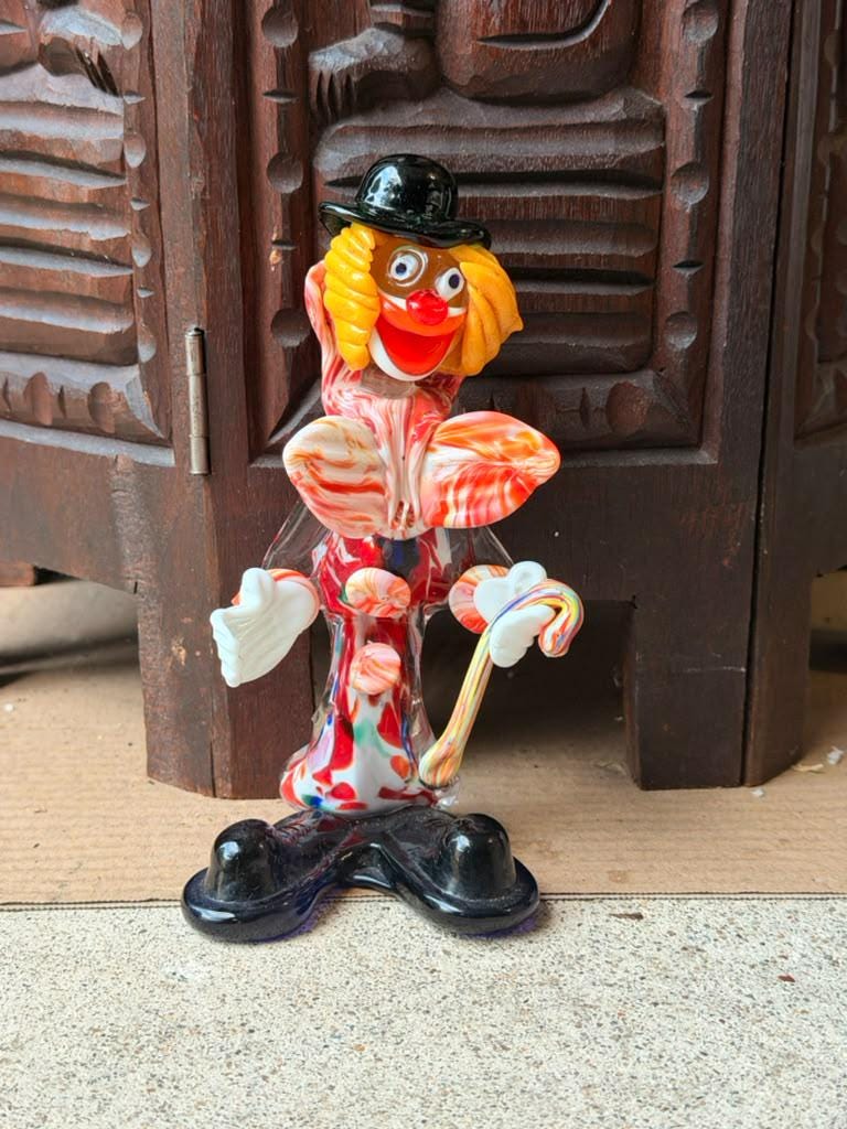 Vintage Murano Italian Art Glass Clown Figurine 7" Venetian Cane Sculpture
