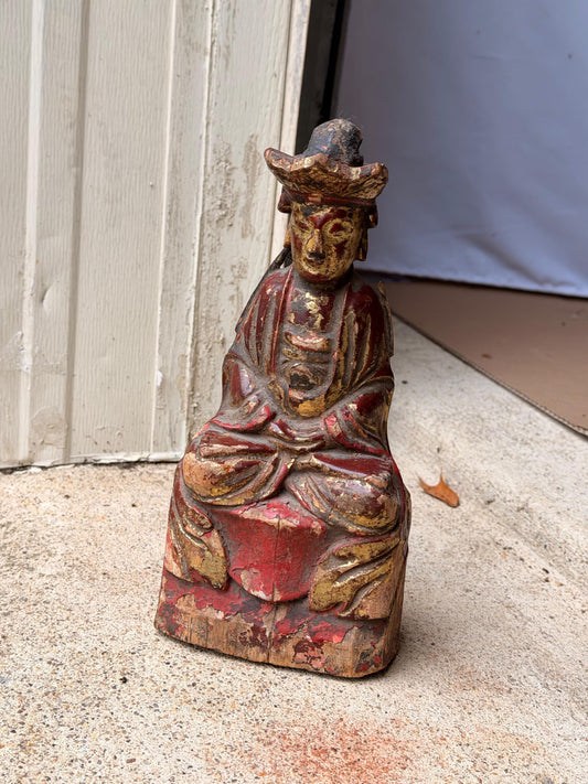 Vintage East Asian Carved Wood Gilt Red Lacquer Deity Statue Idol 10"
