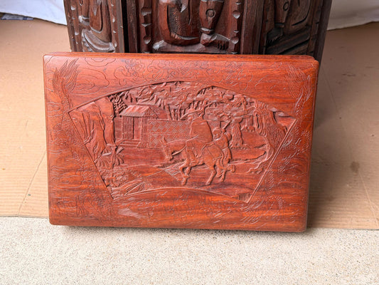 Carved Rosewood Scholar Document Box Relief Carving Dragon Fan Motif Tray
